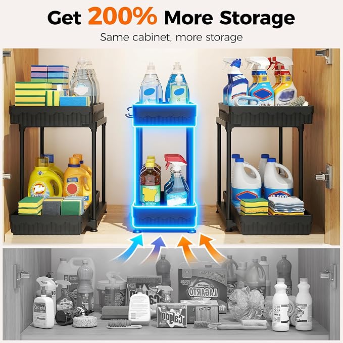 3-Pack 2-Tier Under Sink Organizers with Sliding Drawers | Multi-use kitchen & bathroom storage, 12.8 inch 2-Tier Sliding cabinet organizer, space-saving sliding drawer design.