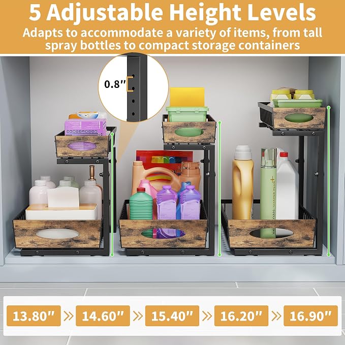 2 Pack Metal Under Sink Organizer with Sliding Drawer, Black | Anti-rust Carbon Steel, L-Shaped, Adjustable Height, Pull-out, Stable 80lb Load-bearing Capacity for Kitchen,Bathroom, Pantry