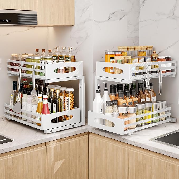 Under Sink Organizer, 2 Tier Under Sink Organizers and Storage, Adjustable Height, Slide out Metal Cabinet Organizers, Pull out Cabinet Storage Drawer Shelf for Kitchen Bathroom (White, 2 Pack)