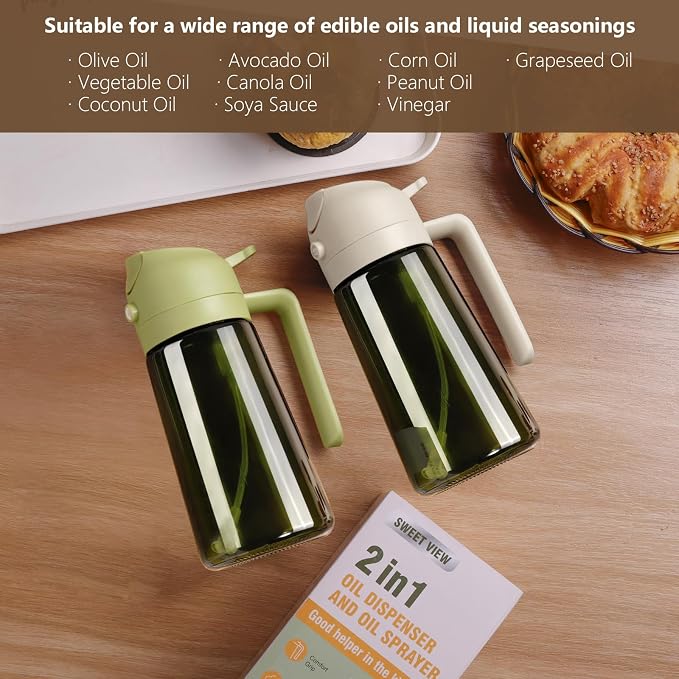 SWEET VIEW Olive Oil Dispenser and Oil Sprayer | 16oz/470ml Glass Light-Proof Oil Pourer for Kitchen Air Fryer, Cooking, Salad, and BBQ, with Stickers
