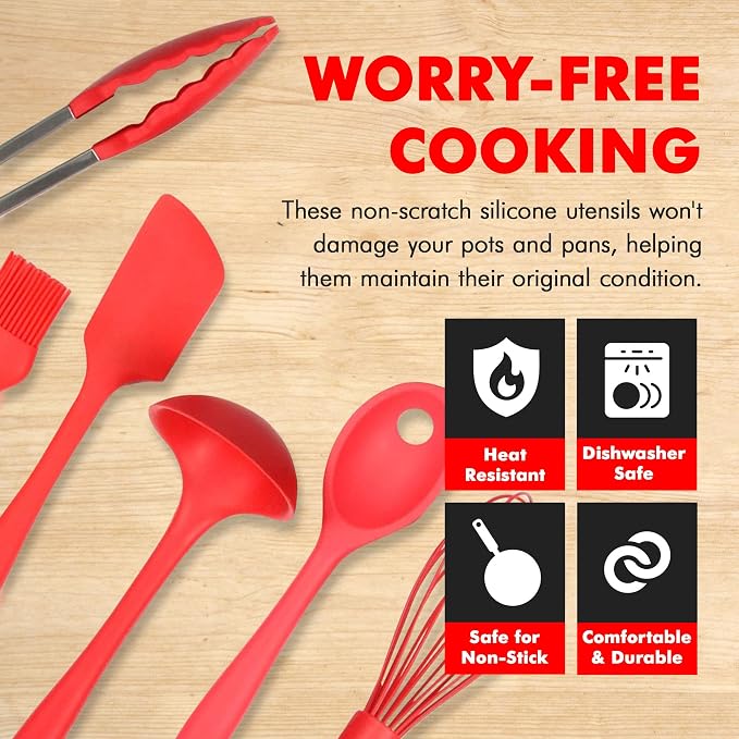 Chef Craft Premium Silicone Kitchen Tool and Utensil Set, 9 Piece, Red