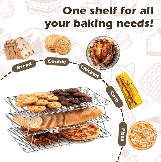 Pleafind 3 PCS Silver Stackable Cooling Rack -16 x 10 Inch Wire Rack, Heavy Duty Stainless Steel Baking Racks, Cooling Racks for Cooking and Baking Cookie Pizza Cake, Oven and Dishwasher Safe