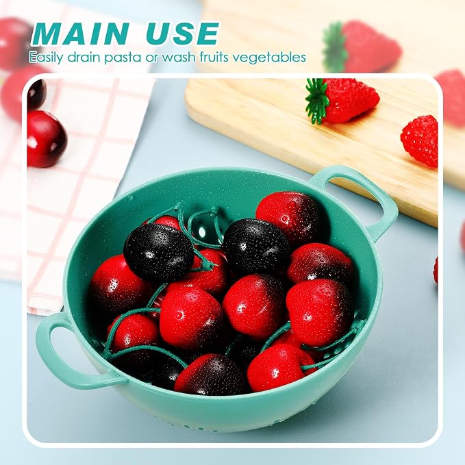 Baderke 4 Pack Mini Colander for Kitchen Plastic Berry Strainer with Double Handles 7.5 x 6 x 3 Inch Small Colander Strainer for Fruits Vegetables Food (Light Blue,Army Green,White,Blue)
