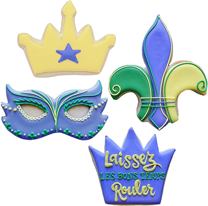 Ann Clark Mardi Gras 4-Pc. Cookie Cutter Set, Made in USA, King Crown, Princess Crown, Fleur de Lis, Mask