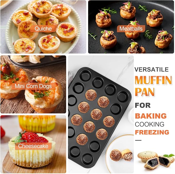 E-far 24-Cup Mini Muffin Pan, 2-Pack Nonstick Carbon Steel Cupcake Pans | Muffin Tins for Baking Mini Muffins & Cupcakes, Warp-Free for Even Baking & Easy Release, Oven Safe
