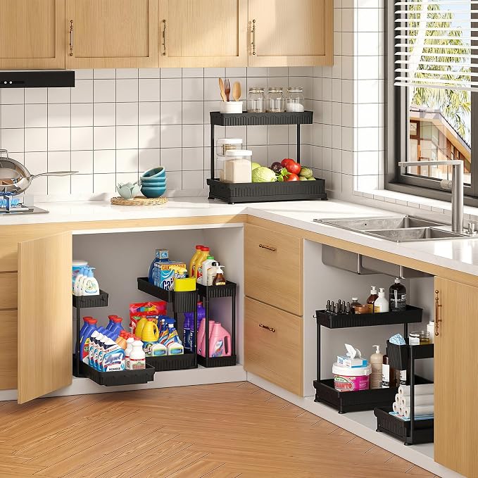 3-Pack 2-Tier L-Shaped Under Sink Organizers with Sliding Drawers | Multi-use kitchen & bathroom storage, 14.85 inch black cabinet organizer, space-saving sliding drawer design.