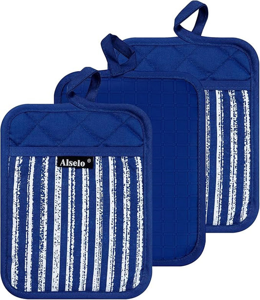 Alselo Silicone Pot Holders Set of 3 Heat Resistant & Non Slip Potholders, Professional Oven Hot Pads with Pockets Mitts for Kitchen Cooking Baking Barbecue (Cobait Blue, 3)