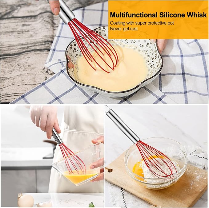 Silicone Whisk, Sturdy Color Balloon Line Whisk Set of 3 Pieces, Upgraded Kitchen Mixer, Stainless Steel Handle, Chef's Best Kitchen Tools for Cooking, Stirring, Mixing, Battering, Stirring