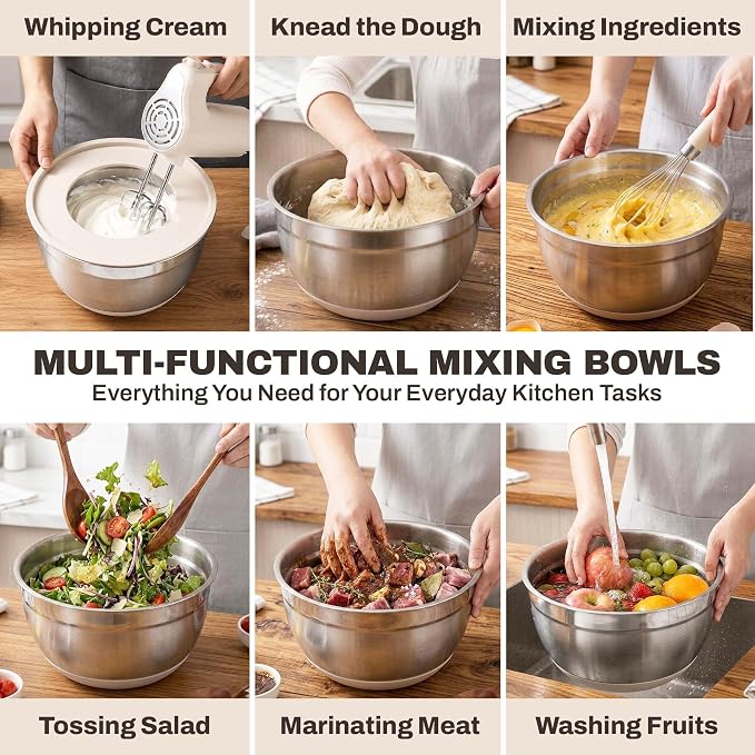 Four Flowers Heavy-Duty Mixing Bowls Set with airtight lids – 11 PCS Stainless Steel Nesting Kitchen Bowls, Mixing Bowls with Non-Slip Bottoms and Grater Attachment, Best for Mixing and Serving