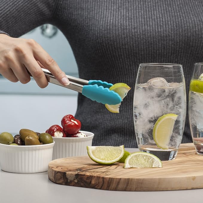 Zeal Silicone Mini Kitchen Cooking Tongs with Stainless Steel Handle – Perfect for Cooking, Grilling, BBQ, Air Fryer, and More, Heat-Resistant, BPA-Free, and Easy-to-Clean, 20cm, Aqua Blue
