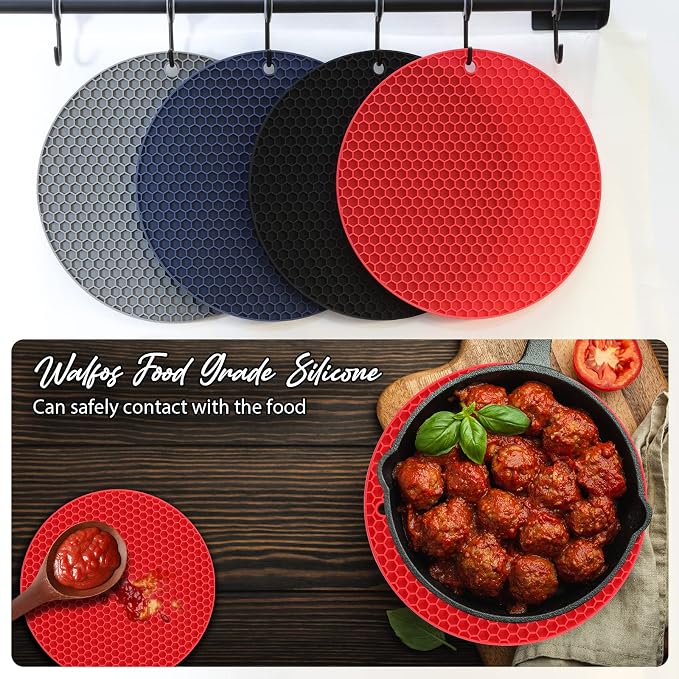 4 Pack Silicone Trivet for Hot Dishes | Heat Resistant Silicone Pot Holders for Kitchen Countertops, Hot Dishes, Jar Opener, Spoon Holder, Easy to Wash and Dry, Red