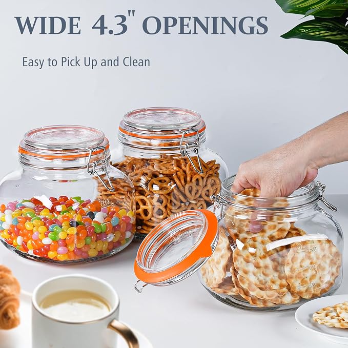 Glass Jars with Airtight Lid, 81oz Wide Mouth Canisters for Food Storage | 2 Pcs Storage Jars, Leakproof Seal Keeps Oat Fresh, Large Capacity, 4.3" Big Mouth, Square Shape Saves Space, Dishwasher Safe