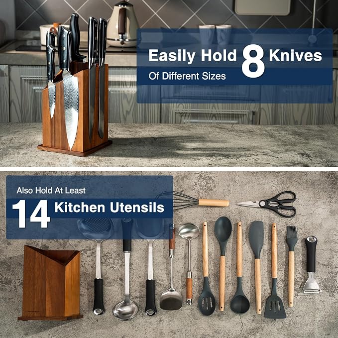 2026 Upgraded Magnetic Knife Holder for Countertop, Double-Sided Acacia Wood Magnetic Knife Block Without Knives, Universal Knife and Utensil Holder for Kitchen, Stronger Magnets of Kitchen Organizer