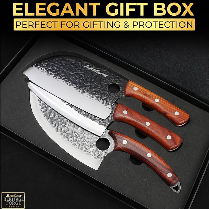 SliceElite Hand-Forged Professional Butcher Knife (3 PC BUTCHER KNIFE SET W/SANDLEWOOD HANDLES)
