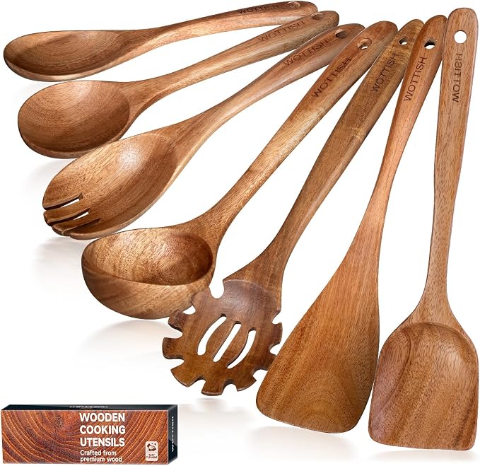 Wooden Spoons for Cooking,WOTTISH 7Pcs Wooden Cooking Utensils,Nonstick Wooden Spatula,Wooden Kitchen Utensils Set Non Toxic,Wooden Utensil Set(A07)