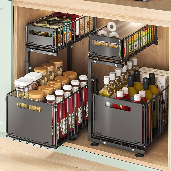 Under Sink Organizer, 2-Tier Multi-Use Kitchen and Bathroom Organizers and Storage, Slide Out Thickened Metal Under The Sink Organizer for Kitchen Bathroom Pantry (Style B Black, 1 Pack)