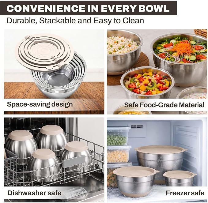Four Flowers Heavy-Duty Mixing Bowls Set with airtight lids – 11 PCS Stainless Steel Nesting Kitchen Bowls, Mixing Bowls with Non-Slip Bottoms and Grater Attachment, Best for Mixing and Serving