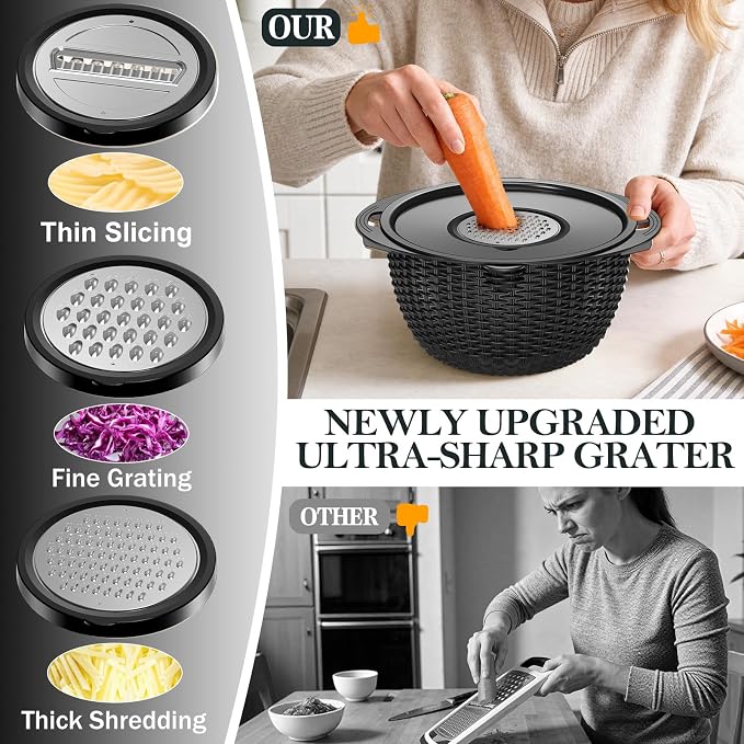 4-1 Colander with Bowl Set - Colander for Kitchen - Rotatable Strainers and Colanders(Patented) - Pasta Strainer - Bowl With Colander & New Upgraded Graters for Fruit Veggie, Kitchen Essentials, Black