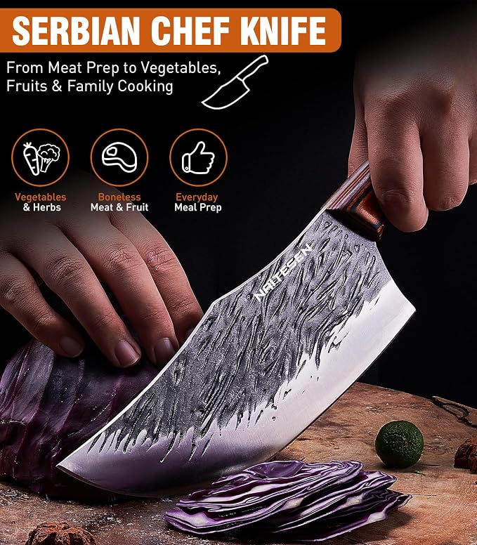 Naitesen 4PCS Hand Forged Butcher Knife and Kitchen Knife 2 in 1 Set | Gift Box Razor Sharp Heavy Duty Meat Cleaver Serbian Chef Knife Breaking Knife Boning Knife for Meat Cutting BBQ Kitchen Use