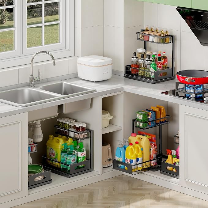 Under Sink Organizer, 1-Pack L-Shaped Metal Pull-Out Drawers for Kitchen | Cabinet Organizer Height Adjustable Heavy Duty Metal 2-Tier Storage Fits Beside Common Pipes for Bathroom Pantry