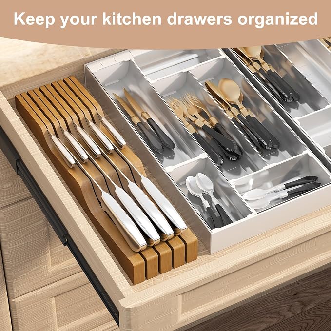 In-Drawer Knife Block Organizer - Bamboo Wood Drawer Knife Organizer-Protecting Knife Organizer Block (Not Included) (Brown, 9 Knives Dock)