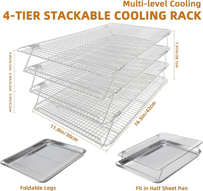 Sourdough Bread Cooling Rack, Oven Rack for Baking and Cooking Collapsible 12"x 16.5" for Half Sheet, Wire Rack Stackable Stainless Steel Rack for Cookie, Cake, Bacon and Jerky