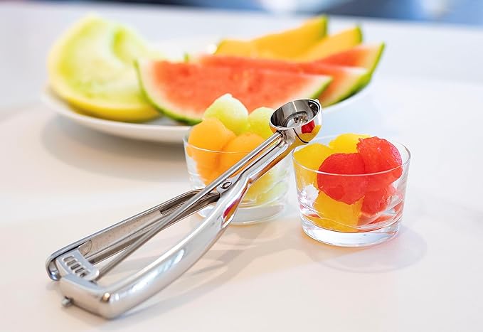 Jenaluca Small Cookie Scoop, 18/8 Stainless Steel, 2 Tsp, Size #100 | Disher for cookies, chocolate chip dough & melon balls. Squeeze-release handle. Right and left handed. Dishwasher safe.