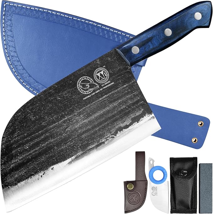 XYJ Authentic Since 1986,Ancient Forged Butcher Knives,Serbian Chef Knife With Sheath,Tiny Knife,Chinese Vegetable Meat Cleaver For Kitchen Camping Outdoor,Full Tang,High Carbon Steel (7.5 inch)