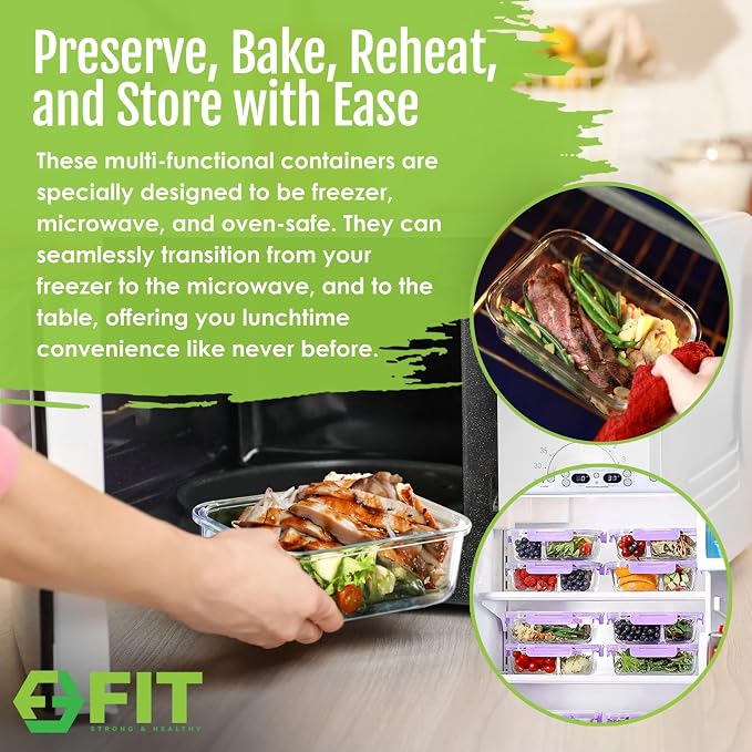 Glass Meal Prep Containers 2 & 3 Compartments with Lids 4 Pack 32 oz | Glass Food Storage Portion Control Bento Box, Airtight Leak Proof Lids, Microwave Oven Freezer Dishwasher Safe, Lavender