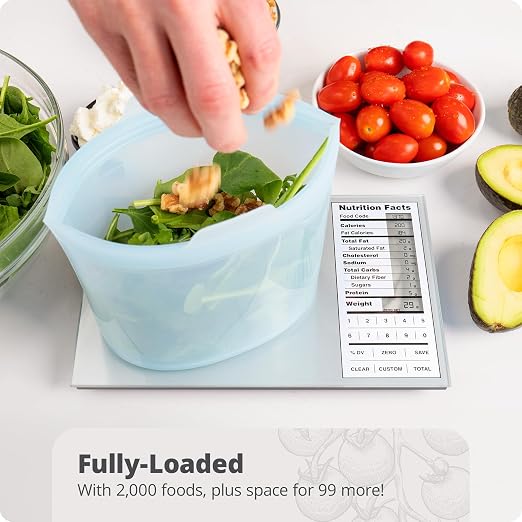 Greater Goods Perfect Portions Nutrition Food Scale for Carb Counting, Grey | Plan meals & size every portion with instant nutrition facts on 2,000 foods, custom recipe codes, daily totals, 11lb capacity