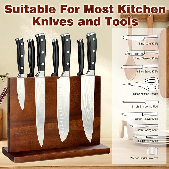Magnetic Knife Block Double Sided Magnetic Knife Holder Rack with Strong Enhanced Magnets Acacia Wood Magnetic Knife Storage Stand-Dark Brown