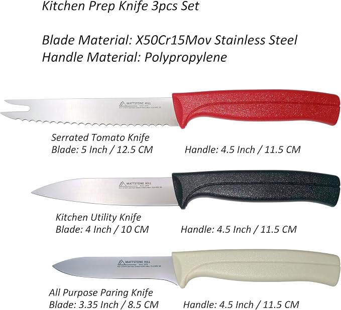 Paring Knife Set, MATTSTONE HILL Kitchen Prep Knife Set -Peeling Knife, Serrated Tomato Knife, Kitchen Utility Knife, Paring Knife, German Steel, Blue, White, Black, Red