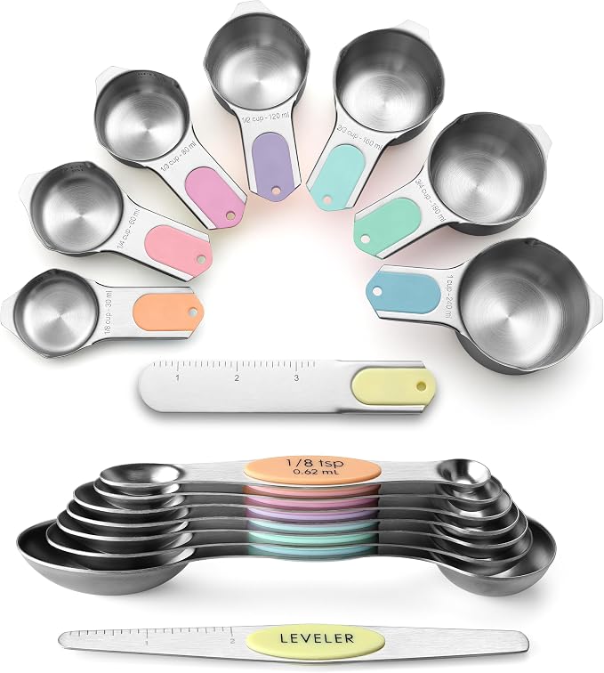 Spring Chef Magnetic Measuring Cups & Spoons Set of 16, Patented, Pastel | Stackable Stainless Steel Measuring Cups & Heavy Duty Metal Measuring Spoons with Levelers for Dry & Liquid Ingredients