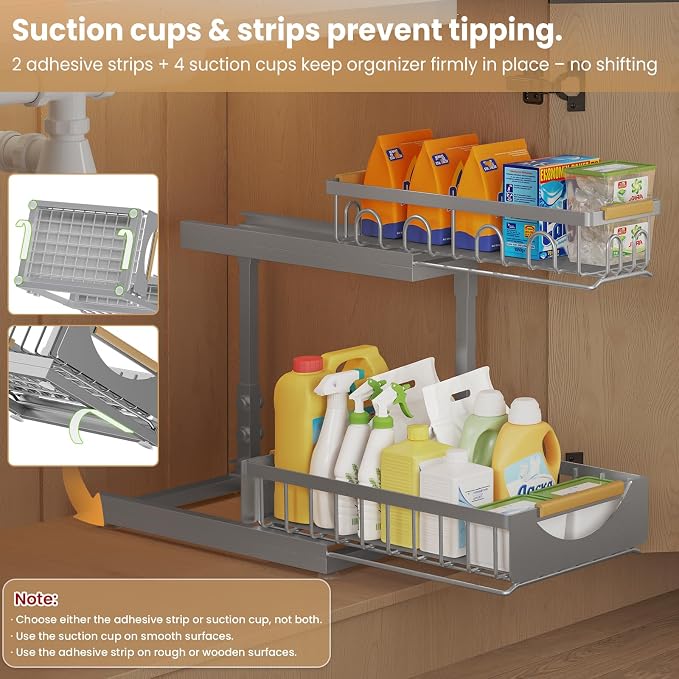 Under Sink Organizer and Storage for Bathroom and Kitchen - 2 Pack 2 Tier | Cabinet Pull Out Shelf Organizers - Slide Out Drawer Organization for Home Cabinets Shelves and Drawers