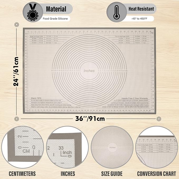 Silicone Pastry Mat 34x26 Inch Nonstick Baking Mat -Perfect for Dough, Pastry, Bread, Dough Rolling, Kneading Board, Pie Crust, Fondant, Pasta/Pizza, Kitchen Counter Mat