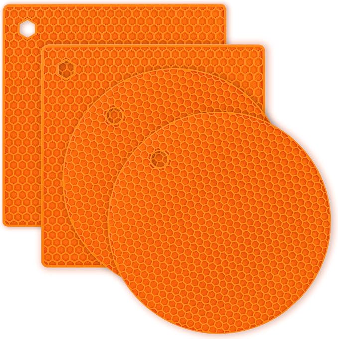 Silicone Trivet Pot Mat, Silicone Pot Holders for Hot Pan and Pot Pads. Heat Resistant Counter Mats for Tables Placemats,Countertops, Spoon Rest and Large Coasters (4Pack Orange)