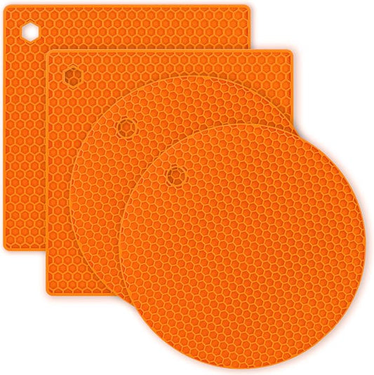 Silicone Trivet Pot Mat, Silicone Pot Holders for Hot Pan and Pot Pads. Heat Resistant Counter Mats for Tables Placemats,Countertops, Spoon Rest and Large Coasters (4Pack Orange)