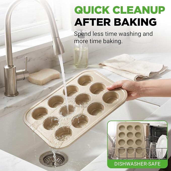 NutriChef Muffin Pans for Baking 2-Pack | Nonstick 12 Mold Cupcake Tins | Carbon Steel Stackable Cup Cake Trays | Dishwasher & Oven Safe | Includes 100 Parchment Paper Liners | 13 x 10 x 1 | Gold