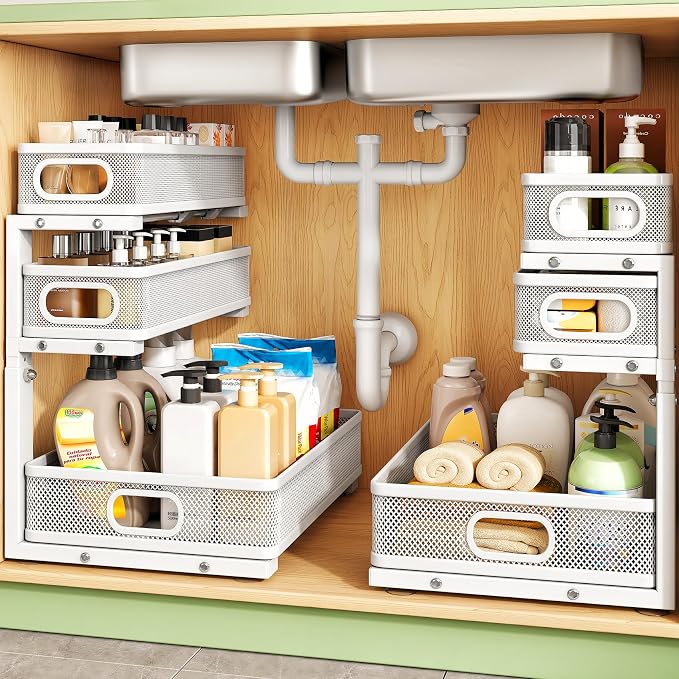 Kitstorack Under Sink Organizer, 1-Pack 3-Tier Height Adjustable Thickened Metal Pull out Cabinet Organizer Shelf, Slide out Storage Drawer Rack for Bathroom Kitchen Pantry Home Laundry Organization