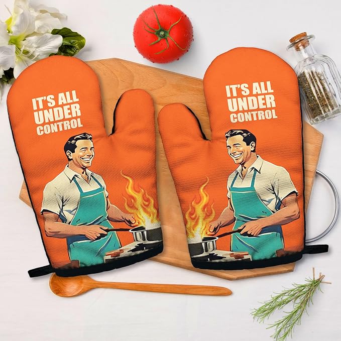 It's All Under Control, Funny Silicone Non-Slip Oven Mitts Sets of 2, Retro Cooking Baking Mitts, Kitchen Gift for Men, Housewarming Gifts, Cooking Baking BBQ Gifts