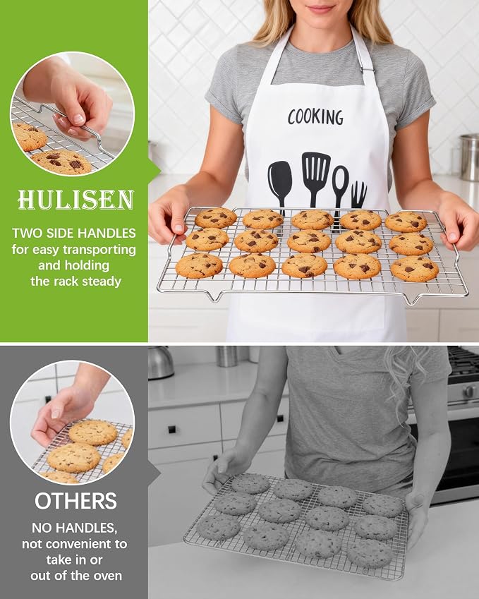 HULISEN 304 Stainless Steel Cooling Rack with Handles, 4-Pack, 16 x 10 Inch | Baking Rack for Half Sheet Pan, Dishwasher Safe, Oven Safe 500°F, Easy Transfer Design, For Baking, Roasting, Cooling Food