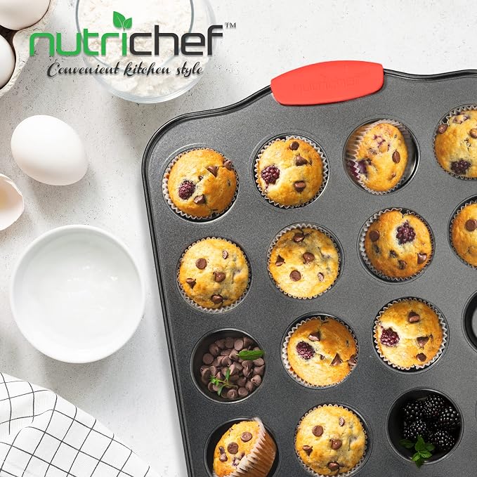 NutriChef 24-Cup Nonstick Mini Muffin Pan with Red Silicone Handles - Carbon Steel Bakeware Tray for Savory & Sweet Treats - Dishwasher Safe, Black