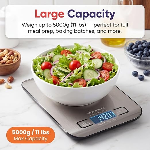 Digital Food Kitchen Scale, 11lb/5kg Capacity with 1g Precision, 5 Units (g/oz/lb:oz/ml/fl'oz), 304 Stainless Steel Surface, Backlit LCD, Tare Function for Cooking, Baking, Keto & Meal Prep