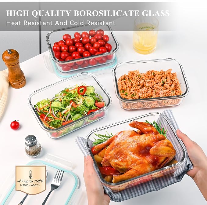 GEHE 4 Pack 52 oz Large Glass Food Storage Containers with Lids - Glass Meal Prep Containers For Baking, Storing, Airtight Lunch Container, Freezer, Dishwasher, Microwave and Oven Safe, BPA Free