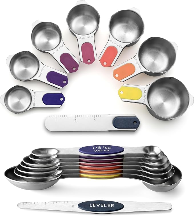 Spring Chef Magnetic Measuring Cups & Spoons Set of 16, Mountain Sunrise | Patented Nesting Stainless Steel Measuring Cups & Heavy Duty Metal Measuring Spoons w/ Levelers for Dry & Liquid Ingredients