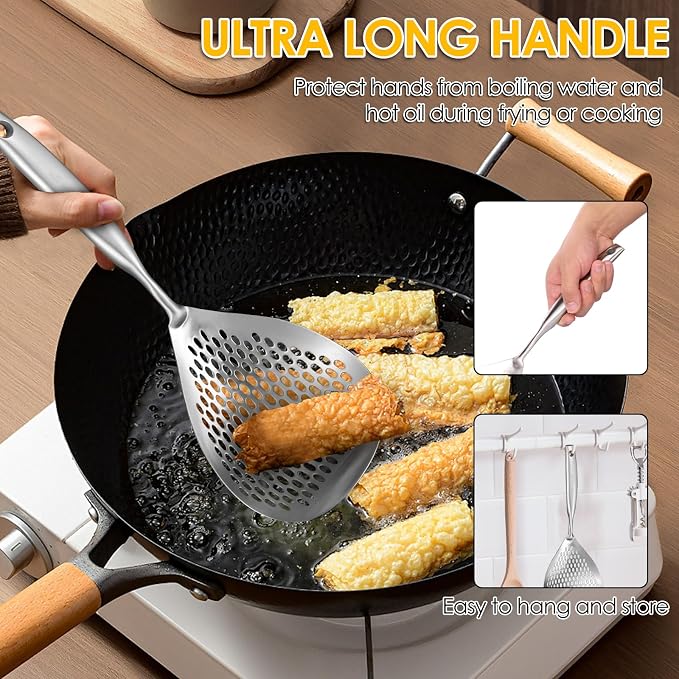 Slotted Spoon 304 Stainless Steel Skimmer Spoon with Long Handle Efficient Skimmer Ladle Multifunctional Strainer for Kitchen Frying Cooking Draining