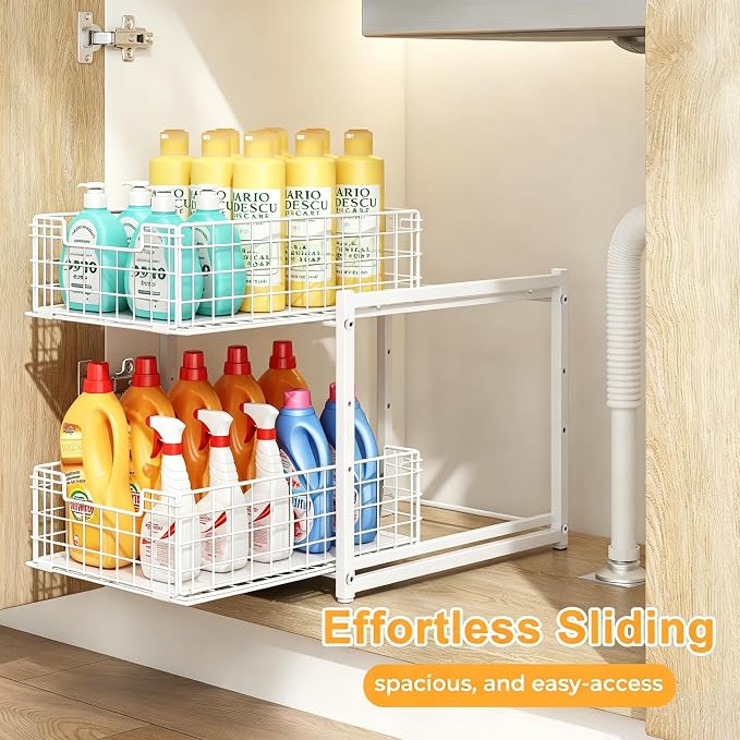 Under Sink Organizer, 2-Tier Pull Out Cabinet Organizer, Kitchen Bathroom Organizer and Storage, Spice Rack for Kitchen, Multi-use Sliding Drawers Shelves