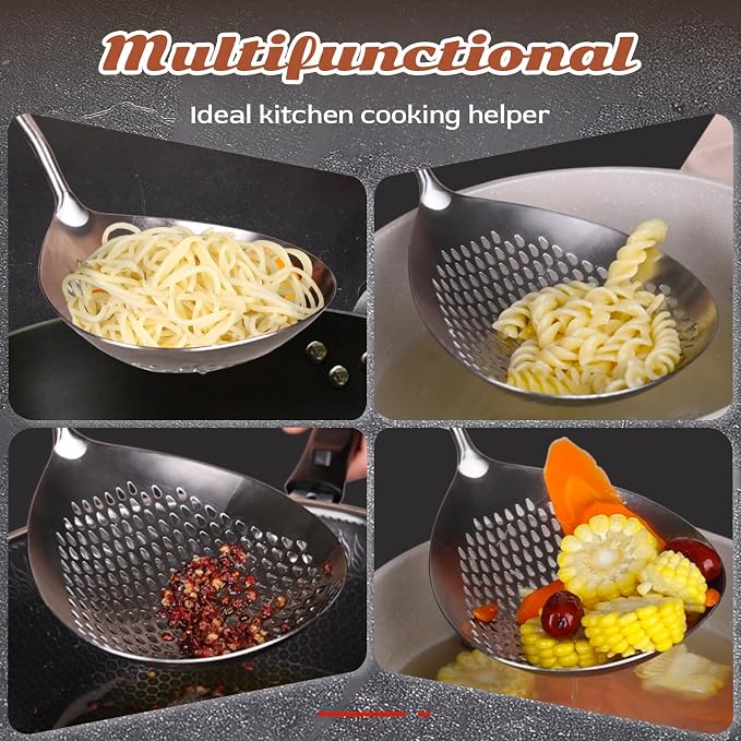 MARTE Skimmer Slotted Spoon -17in 304 Stainless Steel Pasta Spider Strainer Skimmer Ladle Spoon for Cooking and Frying - Large Kitchen Metal Scoop Colander Strainer Spoon with Black Wooden Handle