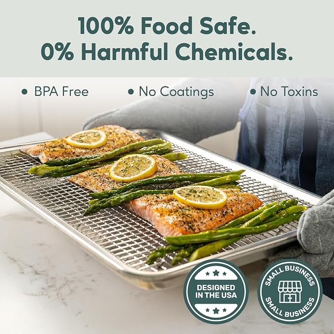 Aluminum Baking Sheet with Cooling Rack Set, 13'' x 18'' | 100% Stainless Steel Rack, Oven Safe, Half Sheet Size Pan, Durable Rimmed Sides, Easy Clean, Commercial Quality for Cooking