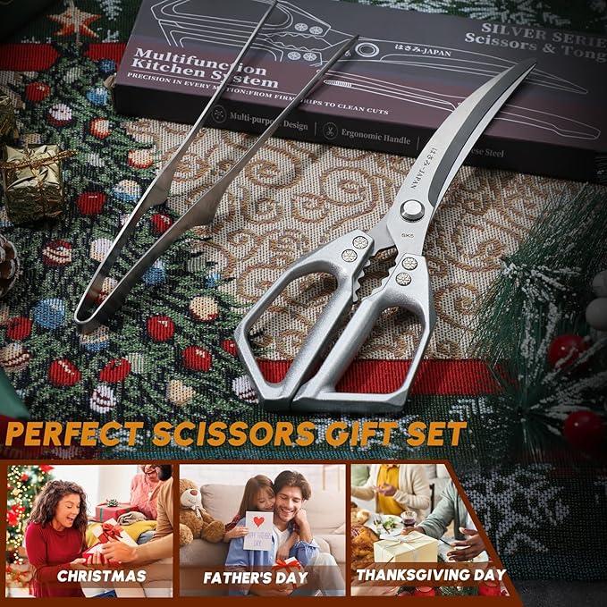 Kitchen Scissors and Cooking Tong Set - Silver Kitchen Shears for Food with Stainless Steel BBQ Tongs, Japanese Style Dishwasher Safe Meat Scissors for All Purpose, Gifts for Men Women
